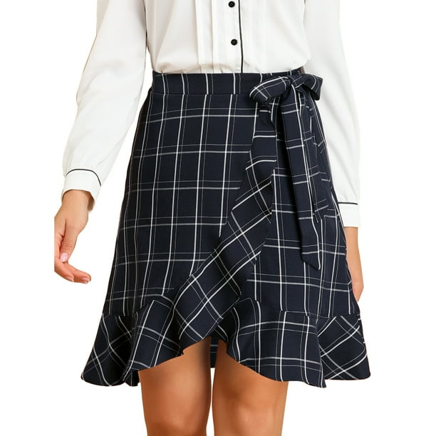 Allegra K Falda de mujer con volantes hasta la rodilla a cuadros con lazo en la cintura y una línea Azul M Unique Bargains Falda