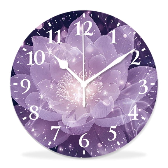 10 Inch Wall Clock Battery Operated Silent Clock Decorative for Office, Kitchen, Outdoor, Living Room，Lotus Flower Butterfly Purple Natural