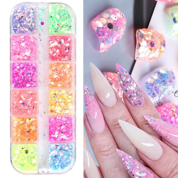 Uñas postizas, uñas postizas, regalos para mujeres, lentejuelas para uñas, color caramelo, hexágono, lentejuelas grandes, parche fino de lentejuelas para uñas, arte de uñas