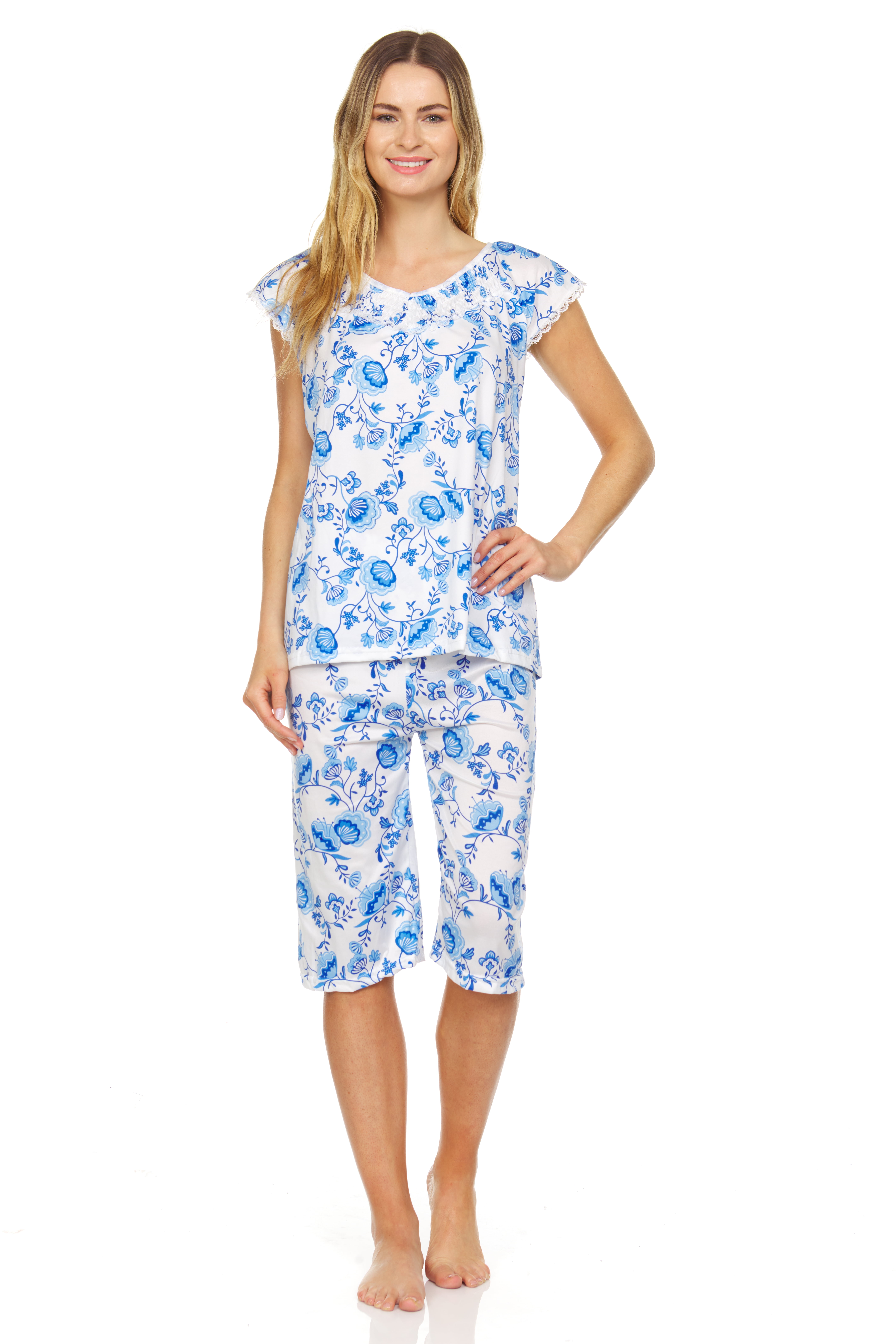 5200C Womens Capri Set Short Sleeve Sleepwear Pajamas Woman Sleep Nightshirt Blue L