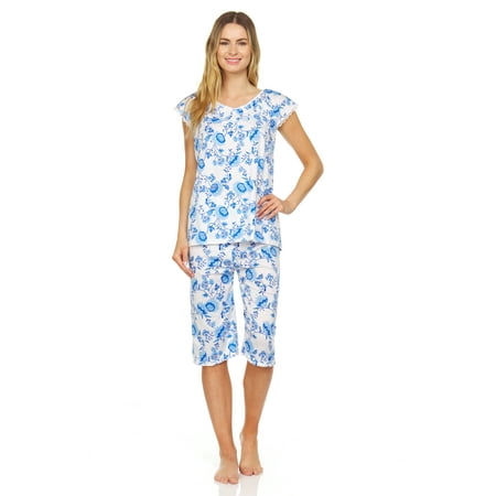 Lati Fashion Women Capri and Short Sleeve Top 2-Piece Female Pajamas Set Blue M