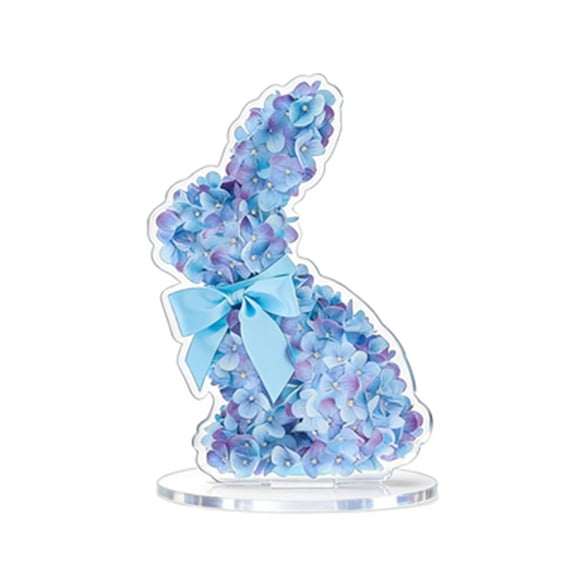 Easter Blue Hydrangea Bunny Acrylic Standee Ornament, 7.8" 2D Bow Rabbit Tabletop Decor for Spring & Easter Home Accents