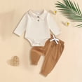 thumbnail image 2 of UngA Toddler Baby Boy Fall Winter Clothes Long Sleeve Lapel Neck Romper Elastic Waist Pants Set Infant Solid Color Outfit (Beige,9-12 Months), 2 of 6