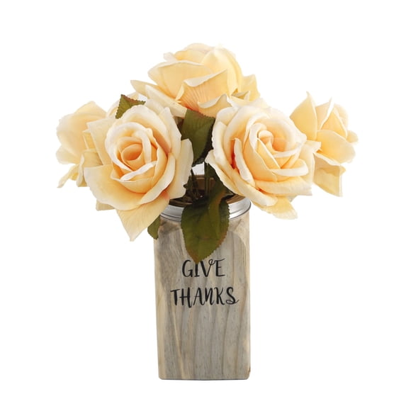 12" H Peach Rose in Wood w/Tin Cap