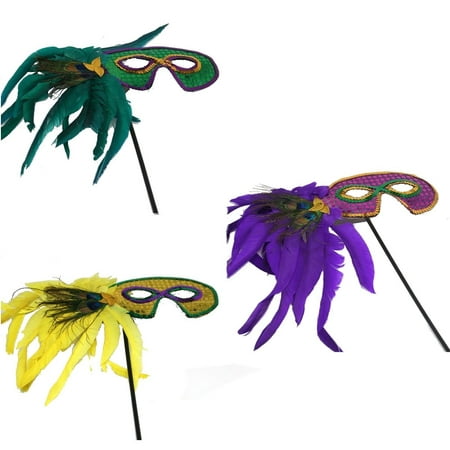 Mardi Gras Stick Mask With Feathers