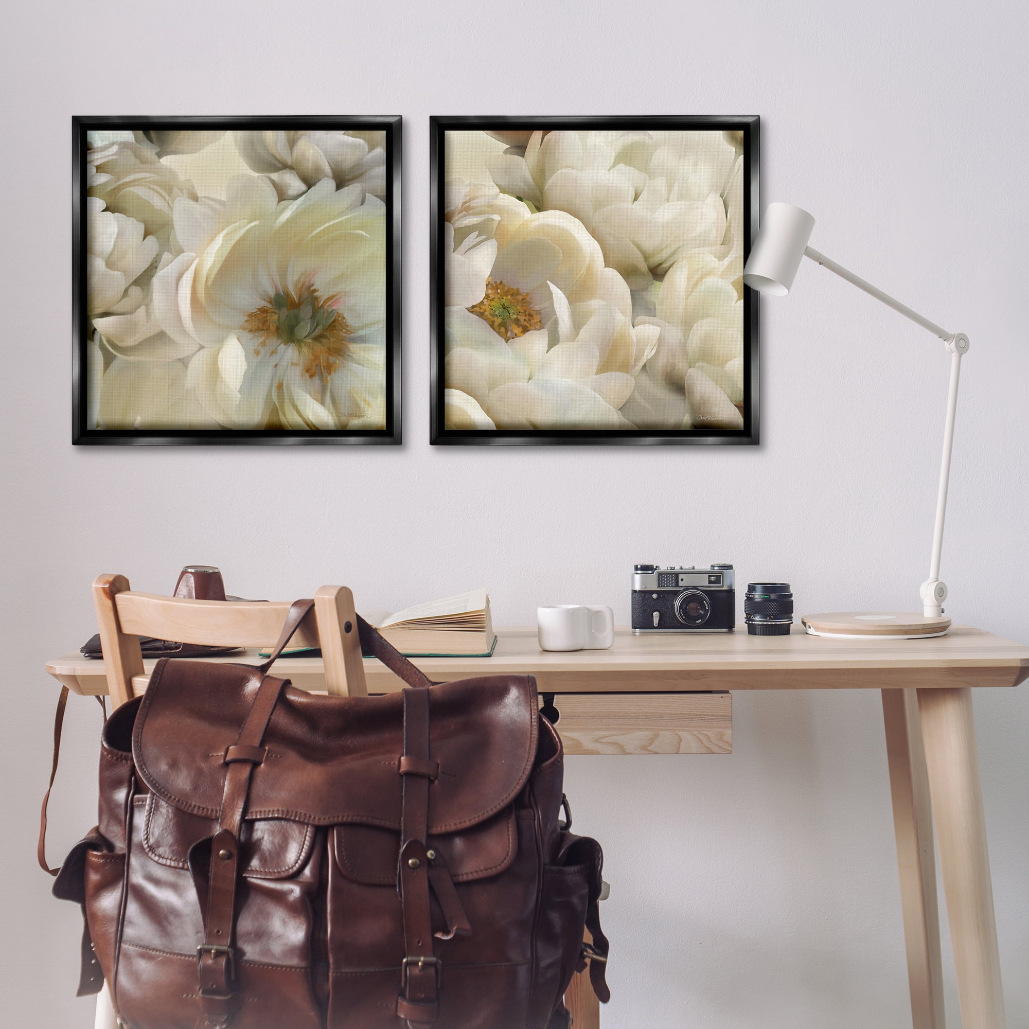 Stupell Industries White Peonies Serenity Floral & Botanical Painting Black Floater Framed Canvas Art Print Wall Art, 25 x 25, Set of 2