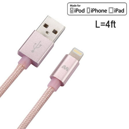 4in Cable - Insten 4 Feet 4' Rose Gold Apple MFi Certified Braided Lightning Durable Cable Charger Cord for iPhone X XS 8 8+ Plus 7 7+ 6 6+ 6s 6s+ iPad Air Mini Pro 12.9