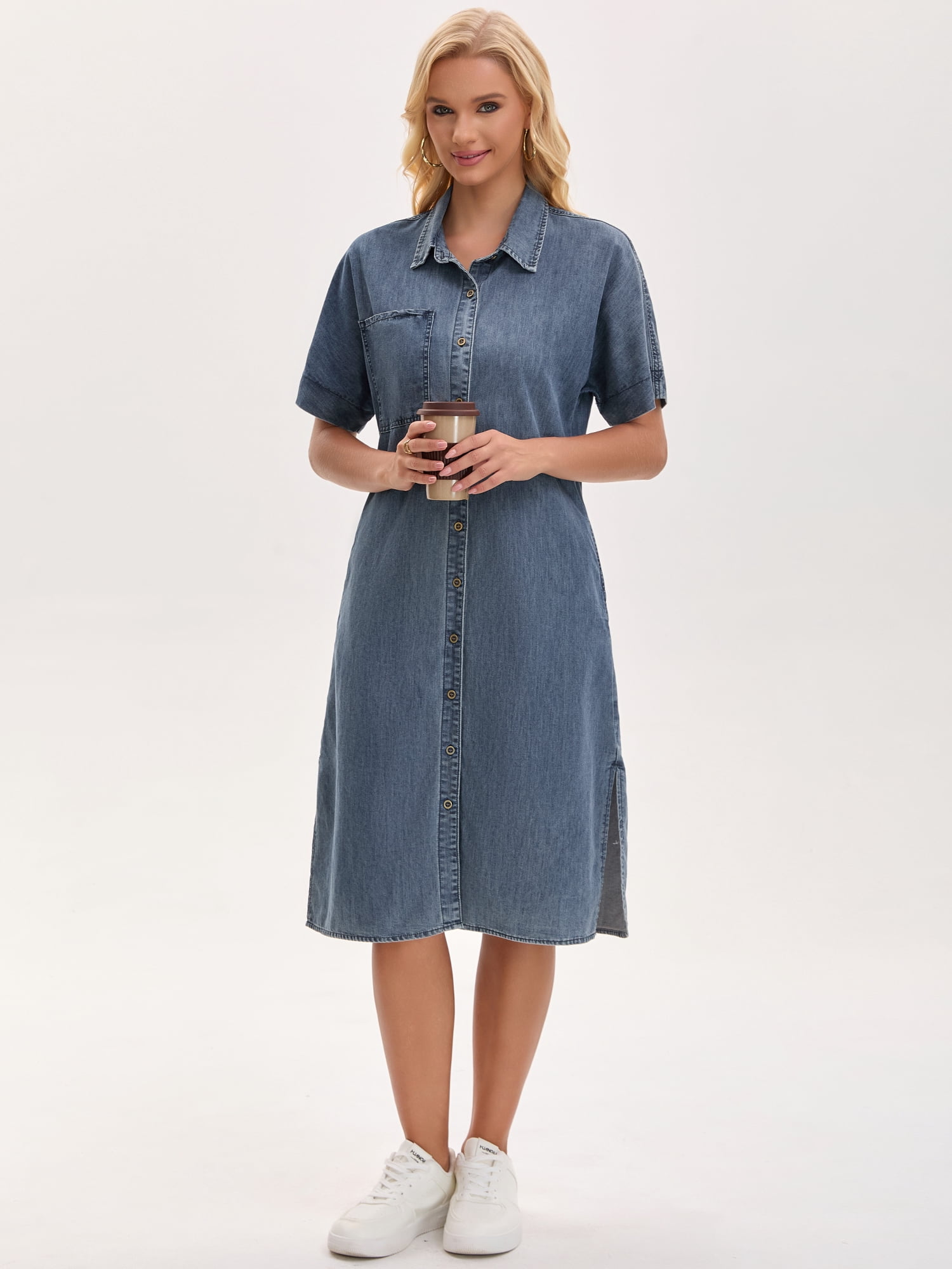 DARING DIVA Midi Denim Short Sleeve Button Down Tunic Jean Dress S Gray Blue