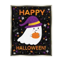 Stupell Industries Happy Halloween Happy Ghost Graphic Art Luster Gray Floating Framed Canvas Print Wall Art, Design by Emily Cromwell