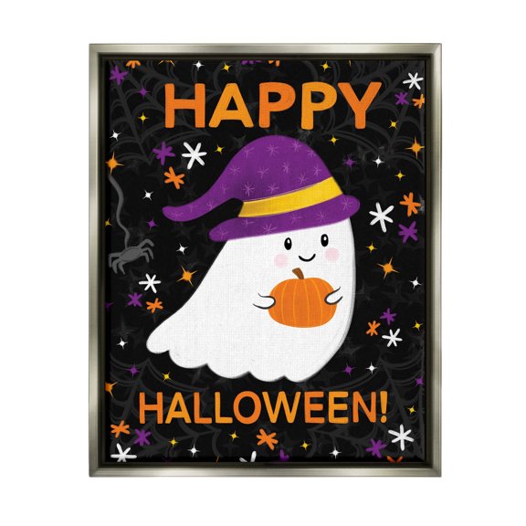 Stupell Industries Happy Halloween Happy Ghost Graphic Art Luster Gray Floating Framed Canvas Print Wall Art, Design by Emily Cromwell