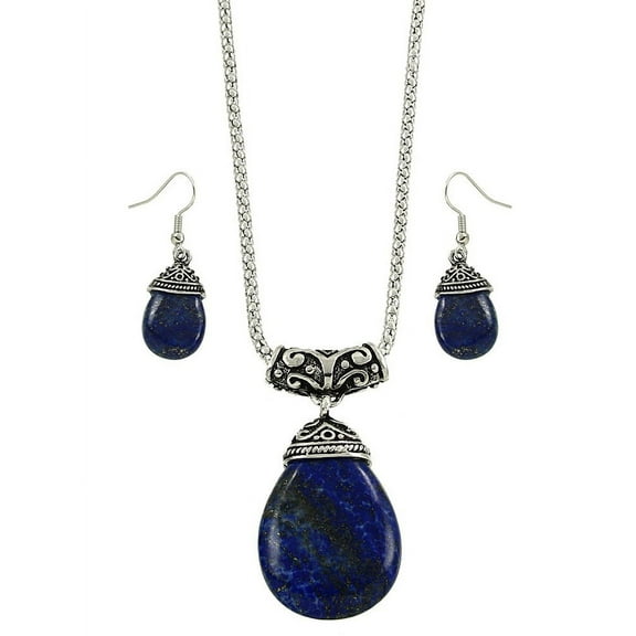 Falari Tear Drop Shaped Natural Gemstones Necklace Earring Set
