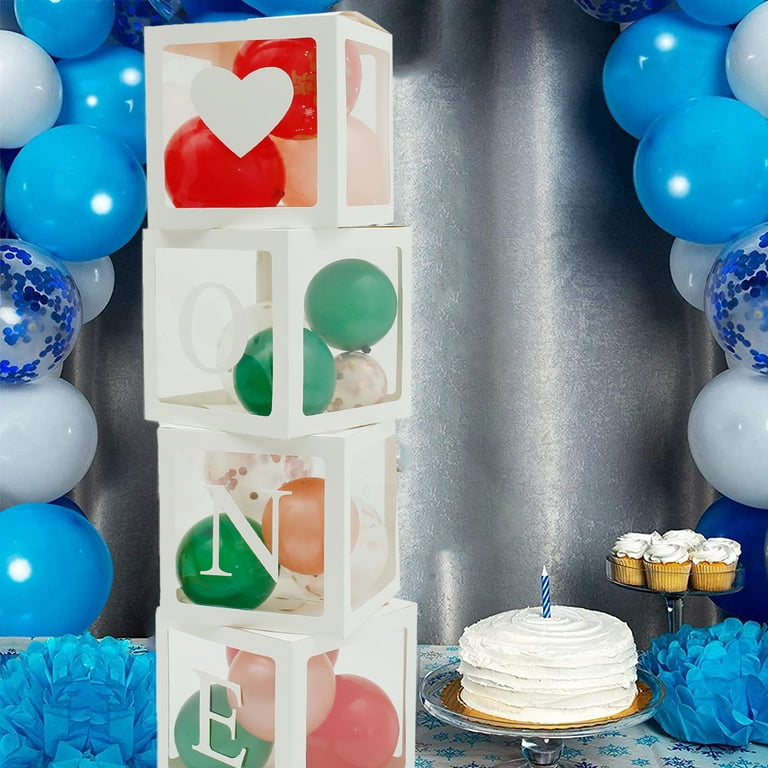 1st Birthday Balloon 'One' Boxes for 1 Year Old with 24 Balloons - Baby First Birthday Decorations Clear Cube Blocks 'One' Letters As Cake Smash