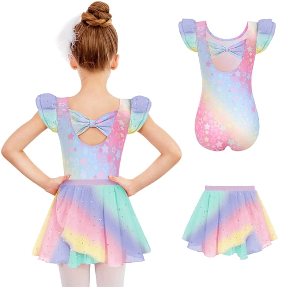 Oudiya Girls Ballet Leotards Ruffle Sleeve Bow Back Toddler Dance Outfits Leotard with Removable Shinny Skirt Combo 3-11Y