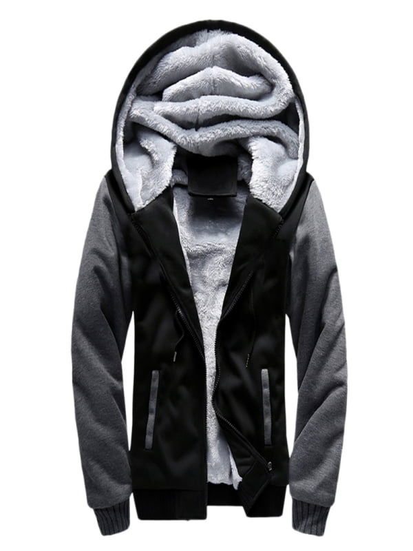 Men Hoodie Sweatshirt Fur Lined Fleece Jacket Pullover Hooded Winter Warm Zip Up 