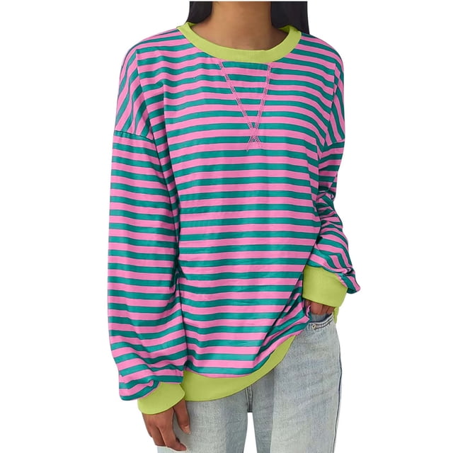 Jsaierl Chandails en Molleton pour Femmes Classique Rayé Manches Longues Hauts Confortables Col Rond Chemises Grande Taille Pull Ample Blouses
