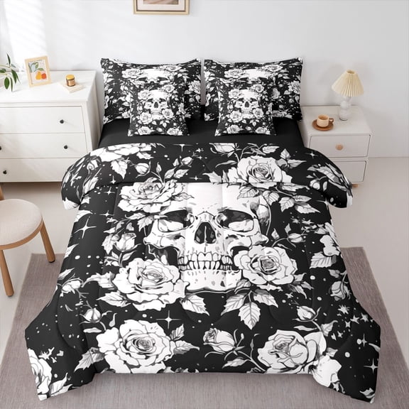 Homewish Halloween Goth Skull 7-Piece Twin Bedding,Victorian Romantic Flowers Bedding Comforter Set,Black White,Black Reversible