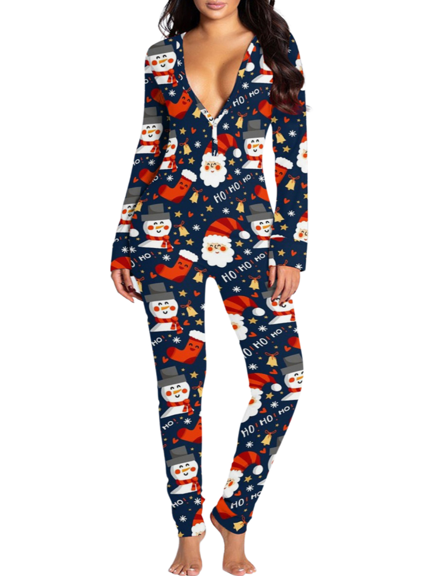 Women's Sexy Christmas Butt Flap Jumpsuit Pajamas Santa Claus Print