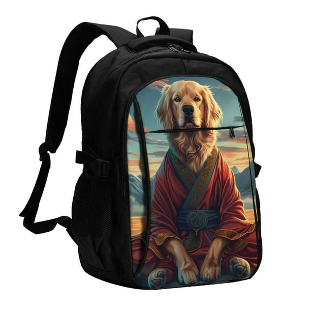 Fotbe Meditating Golden Retriever Mochila con Estampado y Puerto USB para Hombre y Mujer, Mochila Antirrobo, Mochila de Viaje, Mochila Escolar, Mochila Universitaria