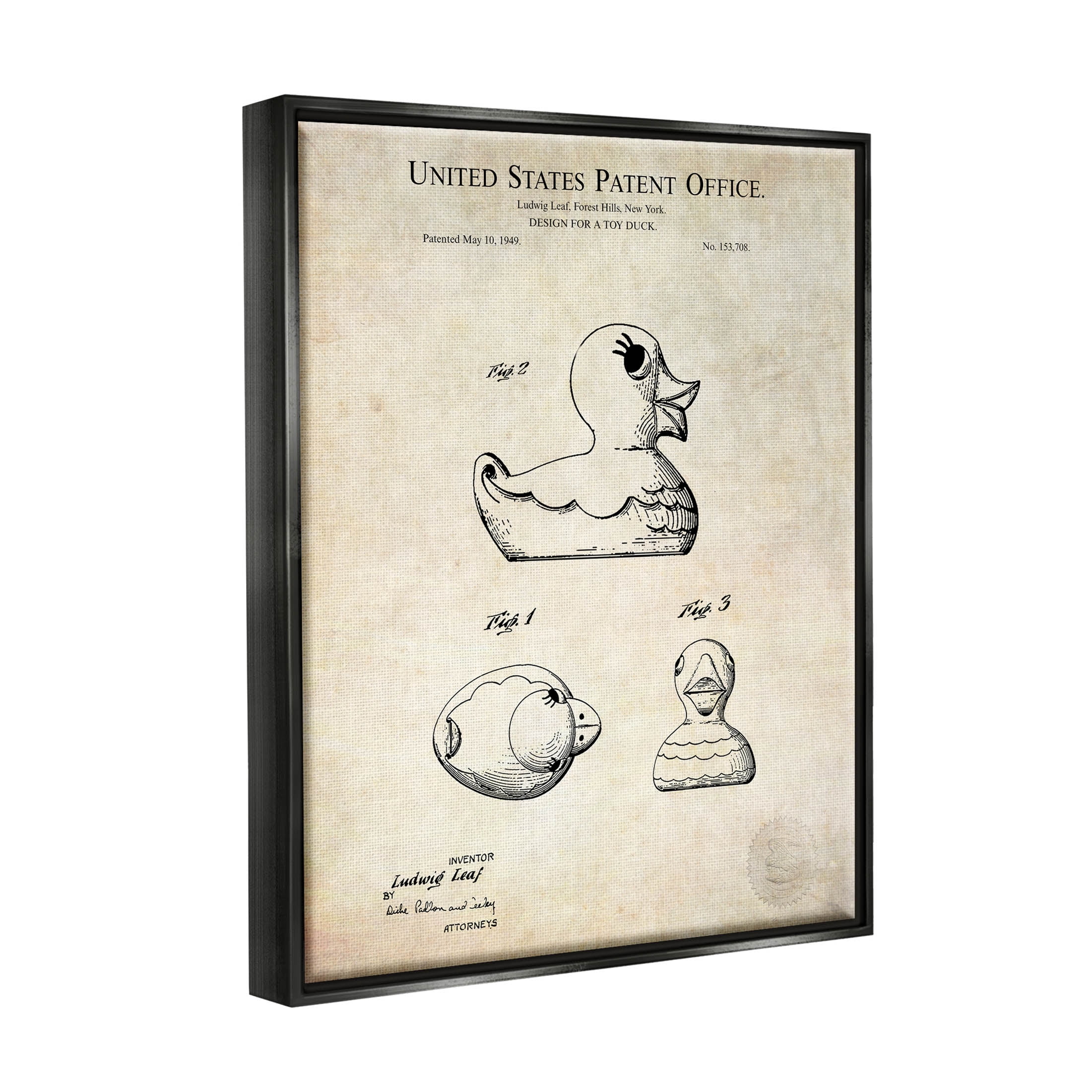 Stupell Industries Vintage Toy Duck Diagram Graphic Art Jet Black Floating Framed Canvas Print Wall Art, Design by Karl Hronek