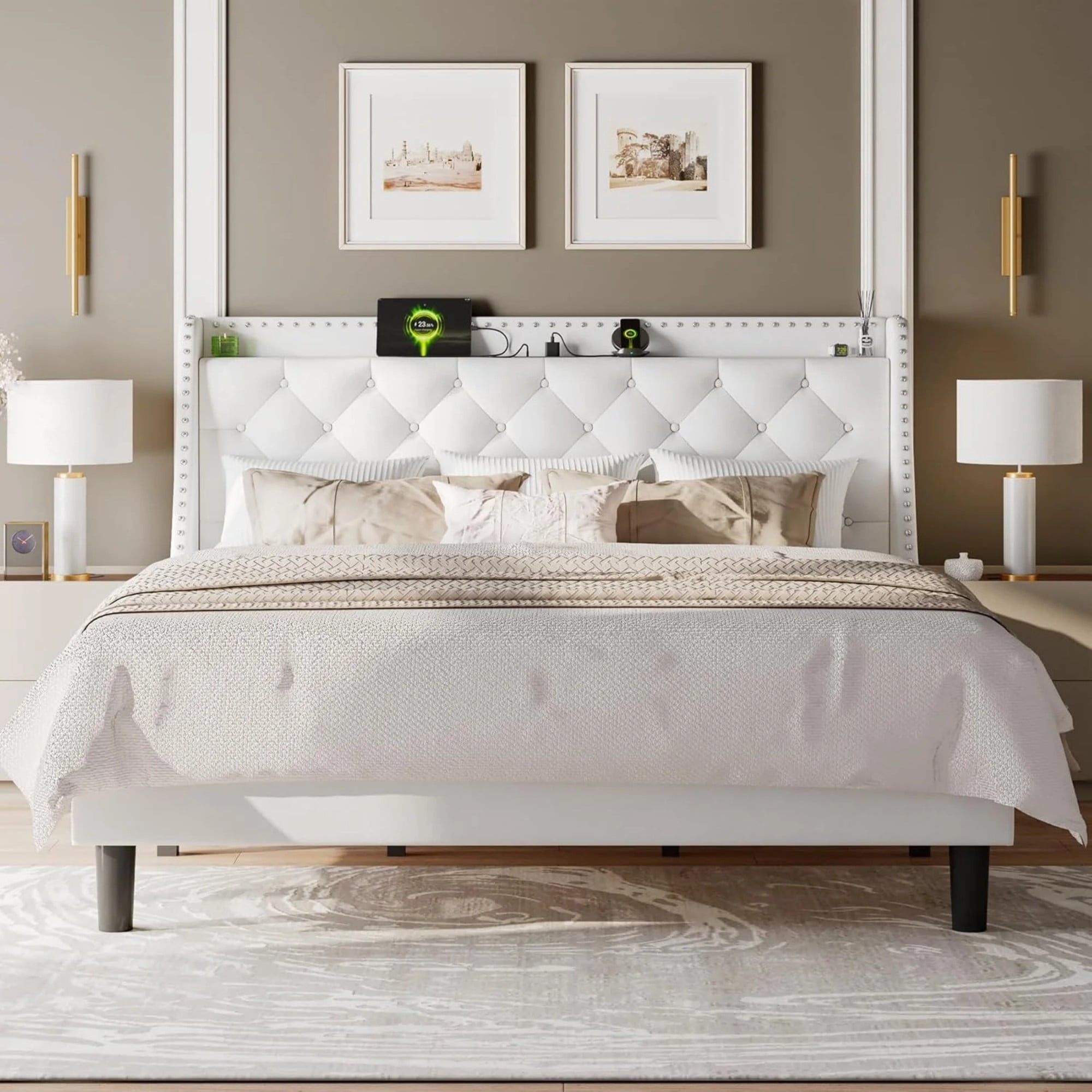 BSHTI King Size Platform Bed Frame with 16" Wingback Tufted Headboard, Charging Station (2 AC & 2 USB), 12 Wood Slats, White