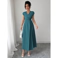 thumbnail image 5 of Teal Blue Womens V-Neck Ruched Waist Pleated Maxi Dress With Drop Shoulder Sleeve, 5 of 6