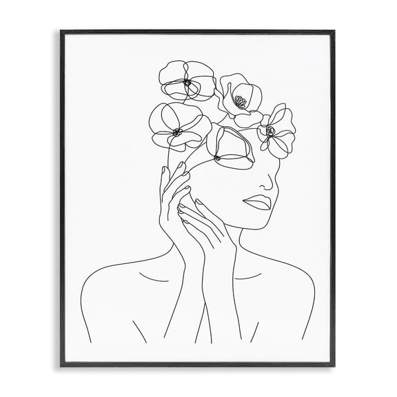 Stupell Industries Contemporary Female Flowers in Hair Minimal Line Drawing Black Framed Giclee Art, 11 x 14, by JJ Design House LLC