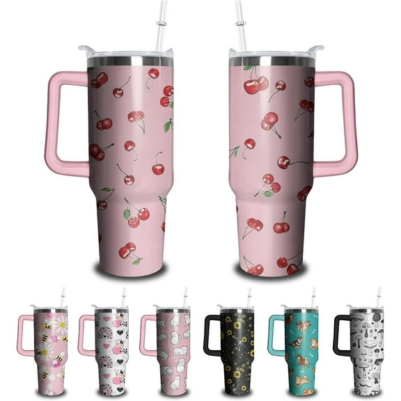 40oz Cherry Tumbler with Handle and Straw, Stainless Steel Insulated Cup with Lid and Straw, Travel Coffee Mug Water Bottle, Birthday Mothers Day Gifts for Women Men Cherry Lovers