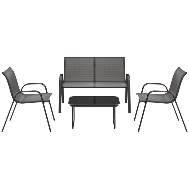 CoSoTower Ensemble de Mobilier d'Extérieur 4 Pcs avec 2 Chaises Empilables, Causeuse, Ensemble de Conversation de Patio avec Table Basse en Verre, Noir