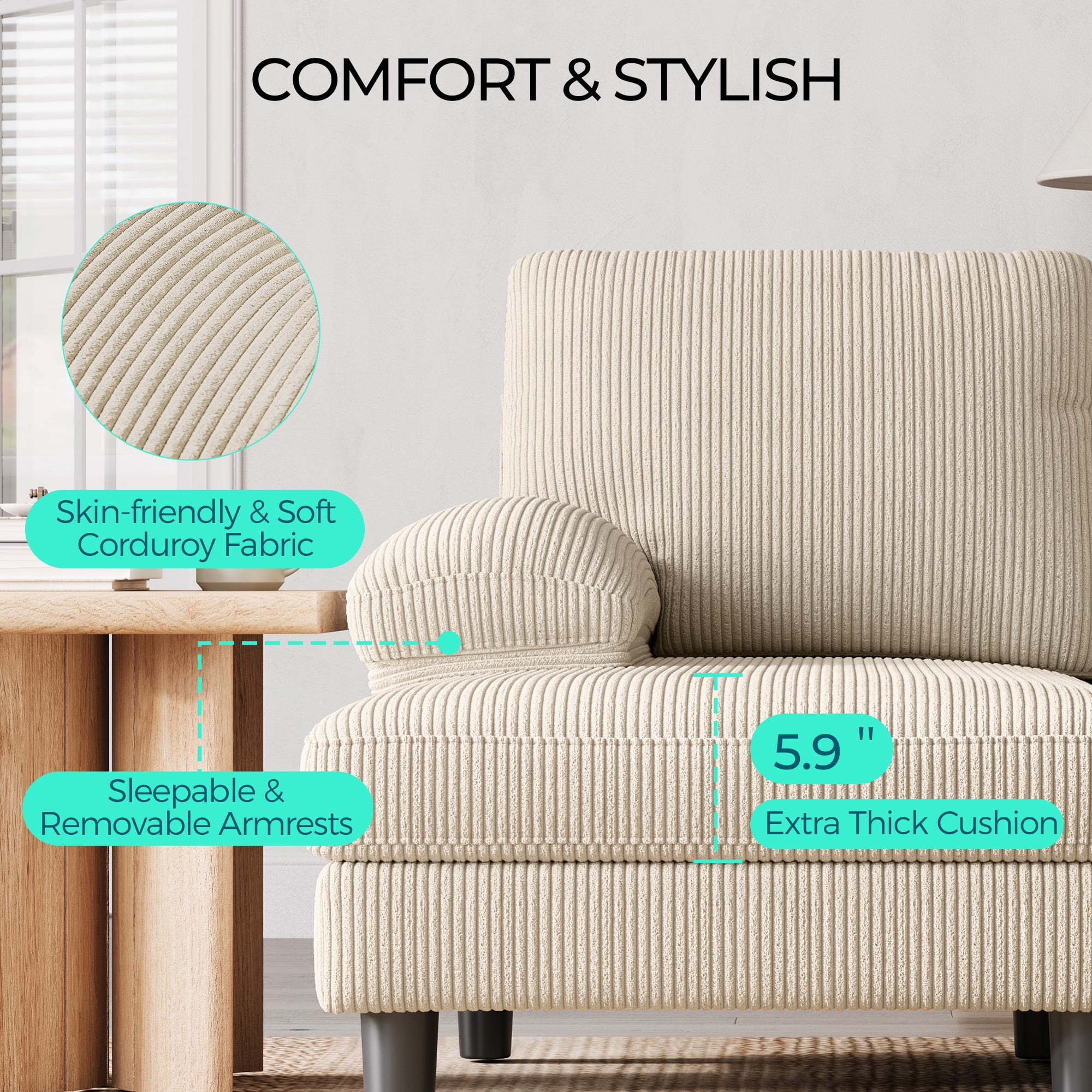 Linsy Home Sectional Sofa for Living Room, U-Shaped Sofa Couch with Corduroy Fabric, 4 Seat Sofa Set with Double Chaise for Apartment, White