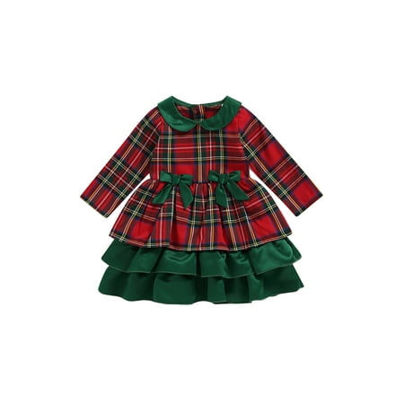 

Christmas Kids Baby Girls Evening Dress Toddler Long Sleeve Plaid Bowknot Layered Party Dress New Year Xmas Costumes