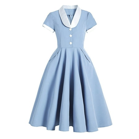 

Ziloco Woman s Retro Court Waist-waisted Temperament Doll Collar Lace Light Dress Short-sleeved Big Swing Mid-length Dress gothic dress with corset Blue XXL