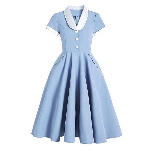 Vestido retro de manga corta con cuello de muñeca y temperamento en la cintura para mujer Pompotops ghjkhdj9986