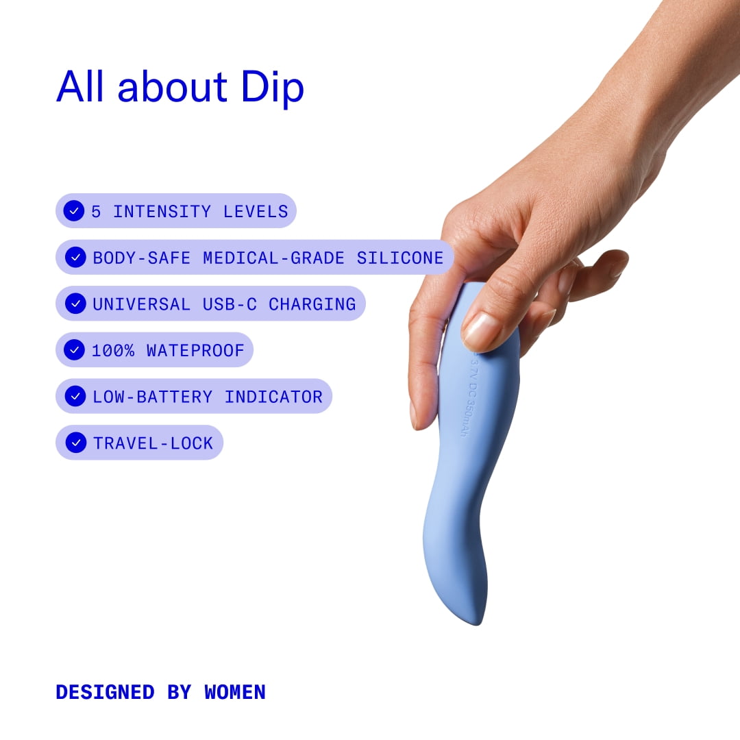 Dame Dip Internal and External Vibrator for Women — USB-C Rechargeable, 5 Speeds, Waterproof, Angled Ridged Design, Personal Massager, Soft Silicone, Ergonomic - Periwinkle