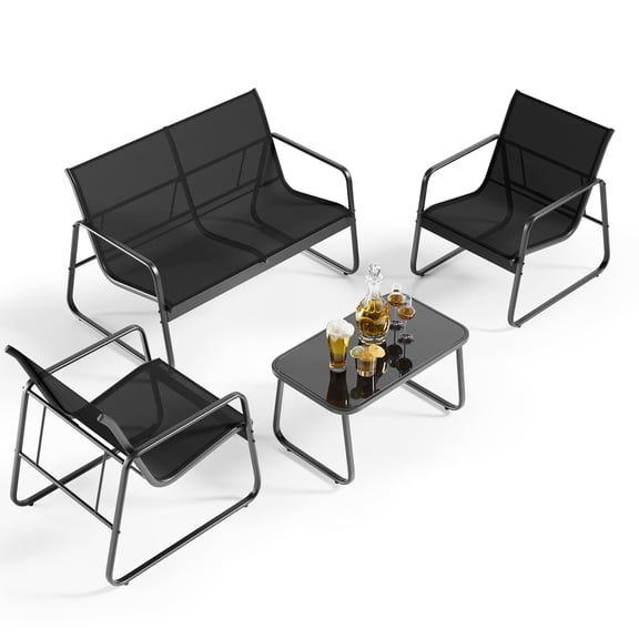 Aiho 4 Pieces Patio Furniture Set Clearance with Glass Coffee Table, Outdoor Textilene Chairs Set for Garden, Backyard - Black