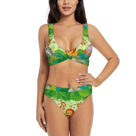 Zeuib African Animals in the Jungle High Waisted Tummy Control Bikini Set - Knot Front Push Up Top & Cheeky Thong Bottom  Two-Piece Swimsuit for Women-Small
