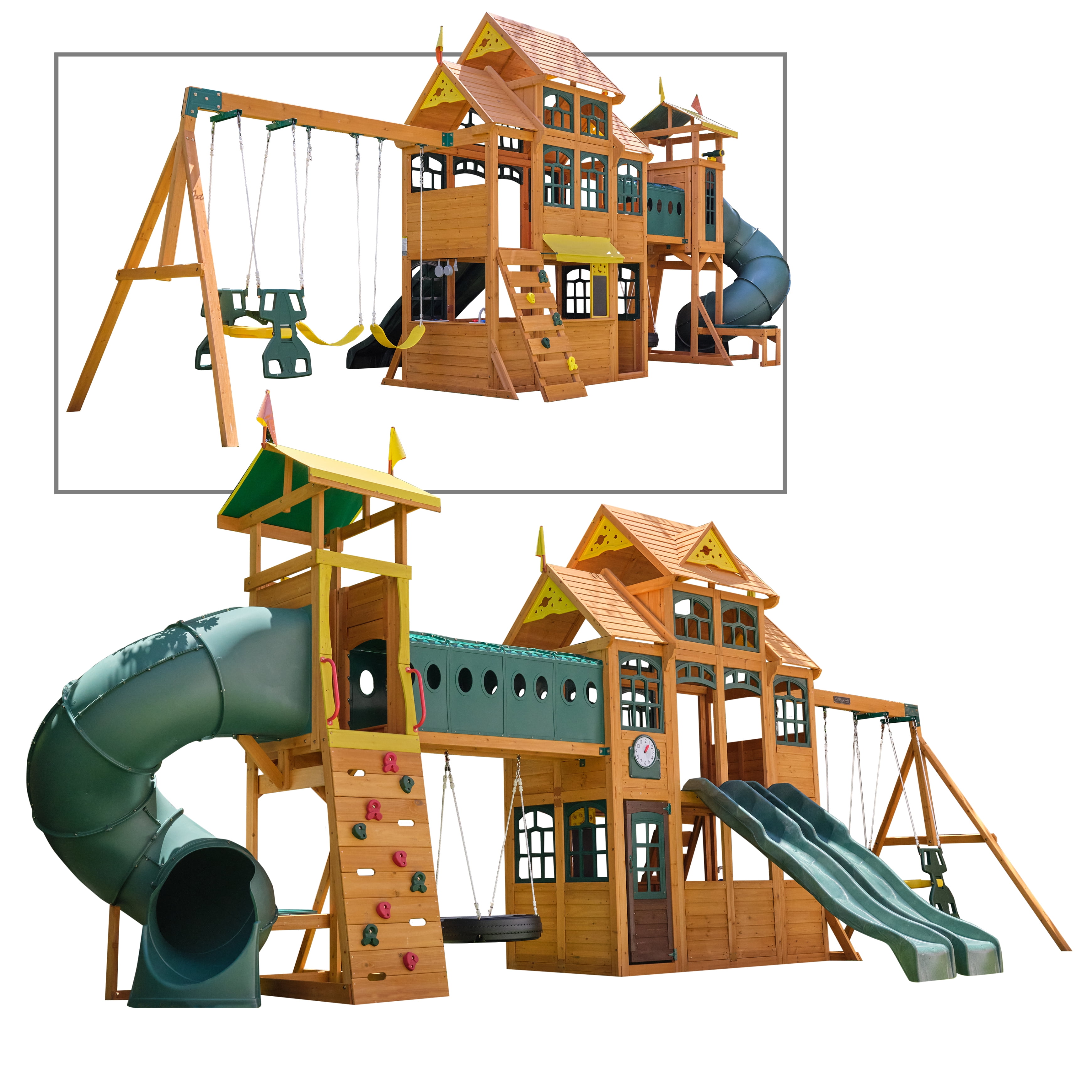 KidKraft Bear Cave Lodge Swing Set with 2 Swings and Tunnel