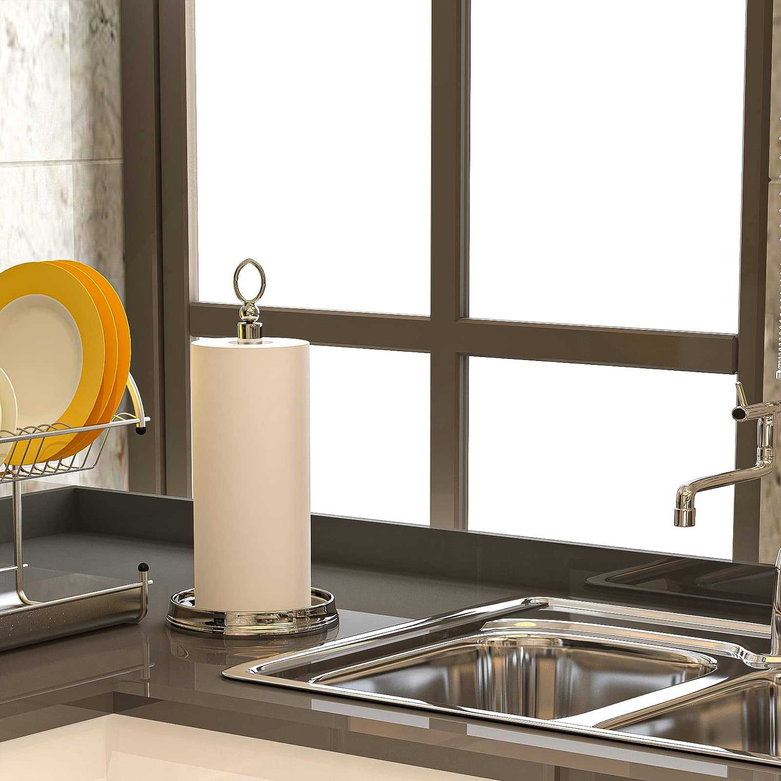 Paper Towel Holder With Heavy Weighted Base - Steel Countertop Stand For Kitchen  Bars & Dining Tables Fits Standard Rolls Brushed Nickel