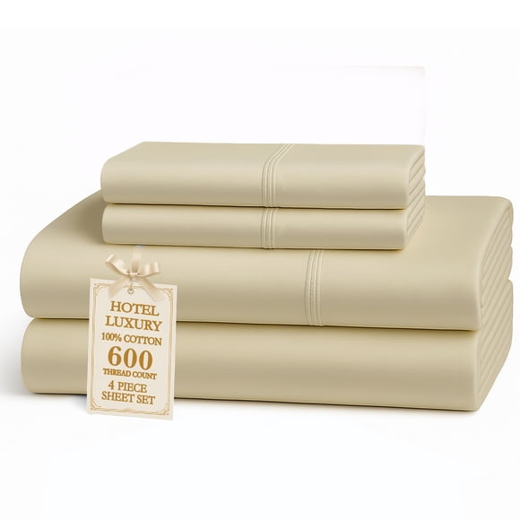 Casa Platino Juego de Sábanas Dobles de 600 Hilos - Suave 100% Algodón, Bolsillo Profundo, Tejido de Satén, Refrescante y Transpirable, 2 Fundas de Almohada - Lino
