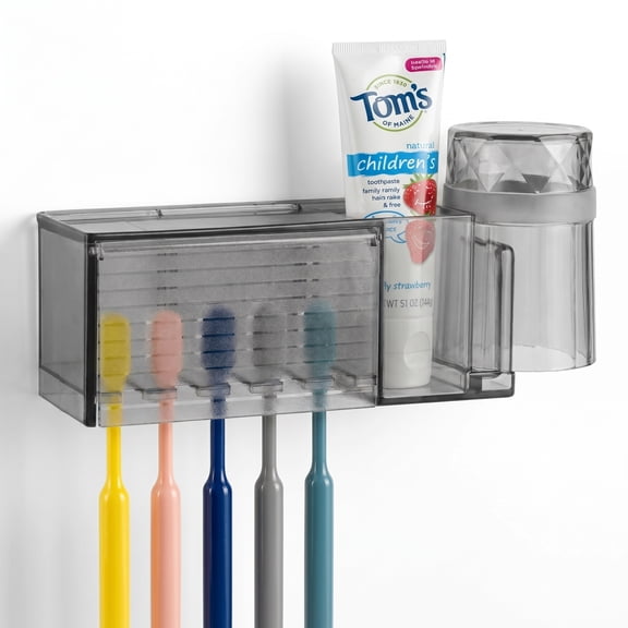 Multifunctional Self Adhesive Toothbrush Holder, Wall Mounted Tooth Brush Holder with Cover, Toothpaste Toothbrush Organizer Box for Bathroom Family Dorm (Gray) 7.28 in × 2.76 in × 2.20 in