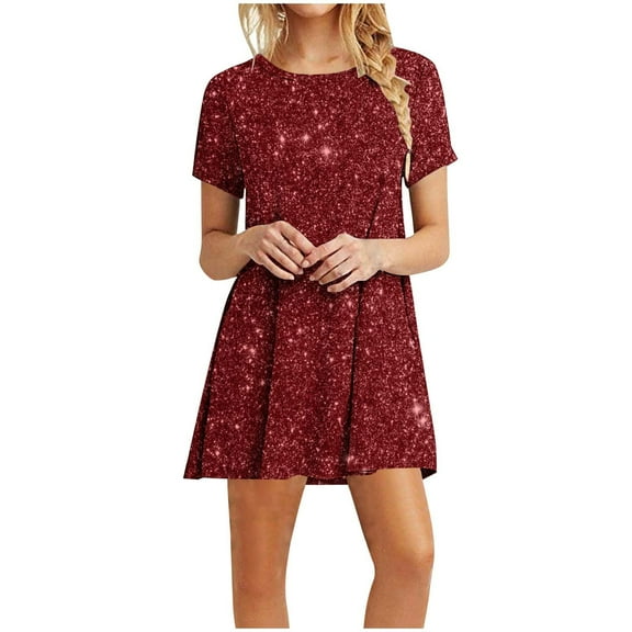 Busydd Womens Dresses Fashion Solid Color Sequin Dress Mini Cocktail Dresses Round Neck Short Sleeve Party Dress