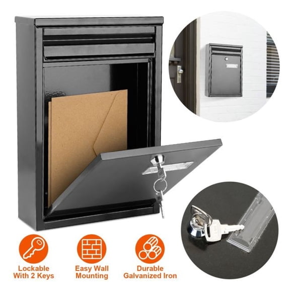 Lockable Wall Mount Mailbox - Galvanized Iron Letter Drop Box with 2 Keys - Secure Outdoor Home/Office Post Box - Black, 12.52x8.54x3.15in as picture