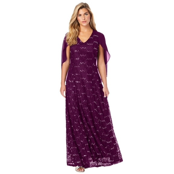Roaman's Women's Plus Size Plus-Size Allover Lace Gown With Capelet