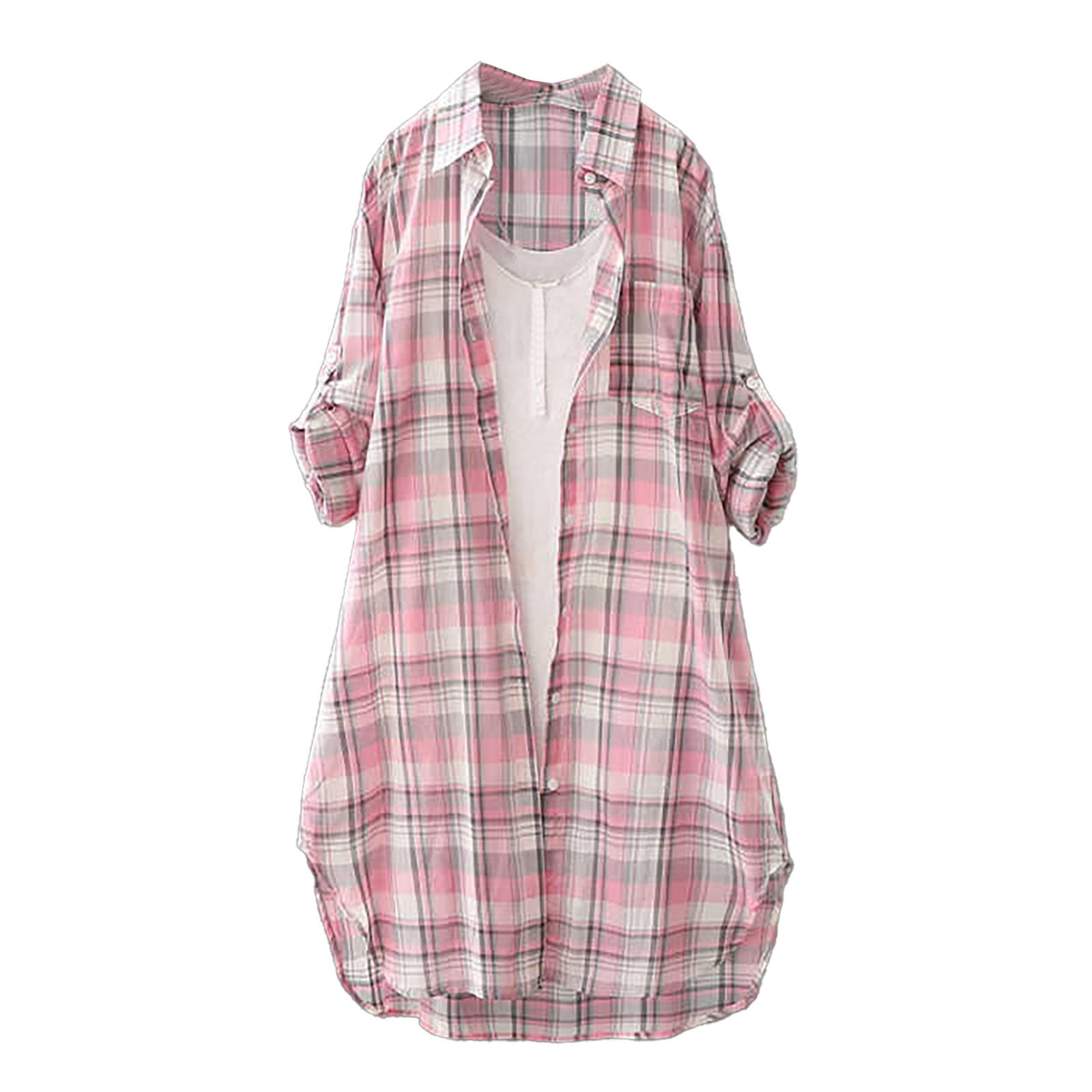 Oversized Tshirts Shirts for Women Ladies Spring And Autumn New Checkered Shirt Medium To Long Loose Coat Cardigan Thin Outer Shirt Short Sleeve Women s Tops Tees & Blouses
