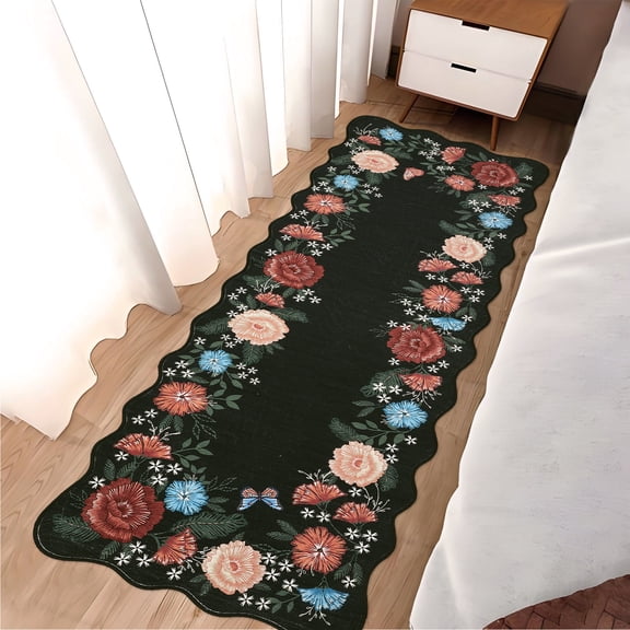 Floral Runner Rug 2x6 Washable Runner Modern Scalloped Runner Black Runner Hallway Runner with Non Slip Backing, Low Pile Thin Runner, Indoor Foldable Printed Rug for Entryway Bathroom