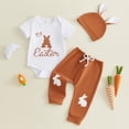 thumbnail image 2 of UngA My First Easter Baby Boy Outfit Bunny Short Sleeve Romper Pants Hat Infant Onesie Newborn Spring Summer Clothes (Brown,9-12 Months), 2 of 7