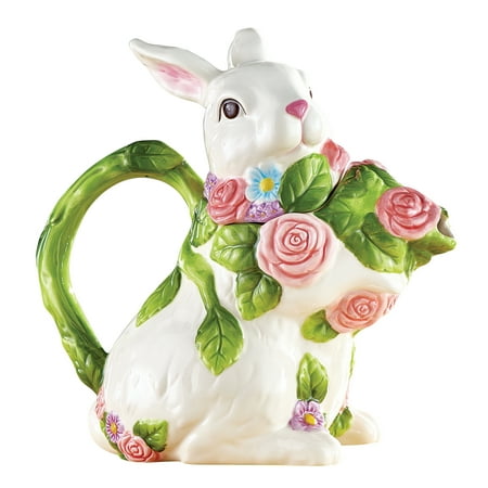Festive Floral Accented Easter Bunny Teapot with Removable Lid - Springtime Kitchen Decoration - 8 1/2 x 4 1/4 x 8