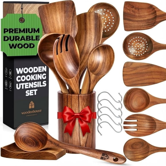 Wooden Spoons for Cooking, Cooking Utensils Set, Kitchen Utensil Set with Holder, Spoon Rest & Hanging Hooks, Teak Wood Nonstick Cookware – Dura