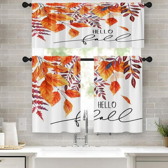 Fall Kitchen Curtains Orange Leaves Window Curtains Valance and Tier Set 36 Inch, Autumn Maple Leaf Rod Pocket Short Tier Curtain for Room, Watercolor Small Cafe Kitchen Decor