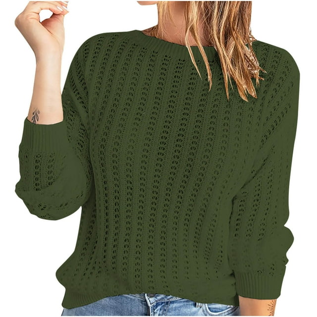 Chandails d'Automne pour Femmes 2022 Manches Longues Col Rond Tricoté Ajouré Chandails Couleur Unie Décontracté Confortable Hauts