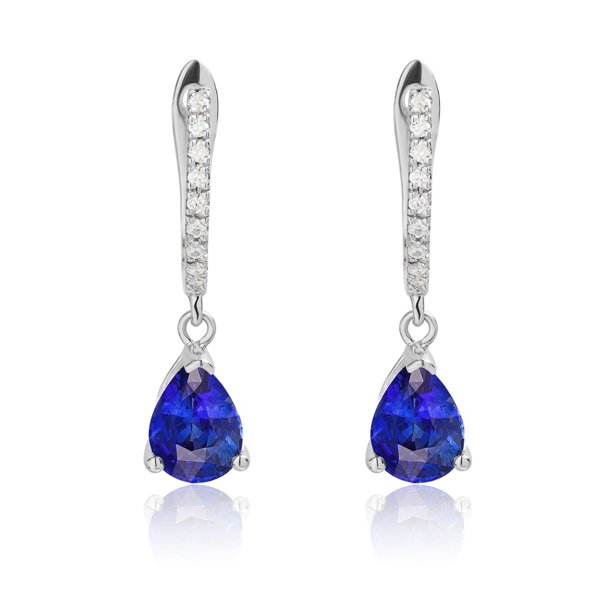 JeenMata Aros de Talla Brillante en Forma de Pera de 2,25 Quilates con Zafiro Azul y Piedra Natal de Septiembre Engastados en Pavé, Chapados en Oro Blanco de 18 K sobre Plata